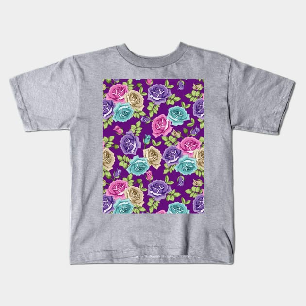 Botanical Roses Seamless Pattern On Purple Background Kids T-Shirt by Designoholic